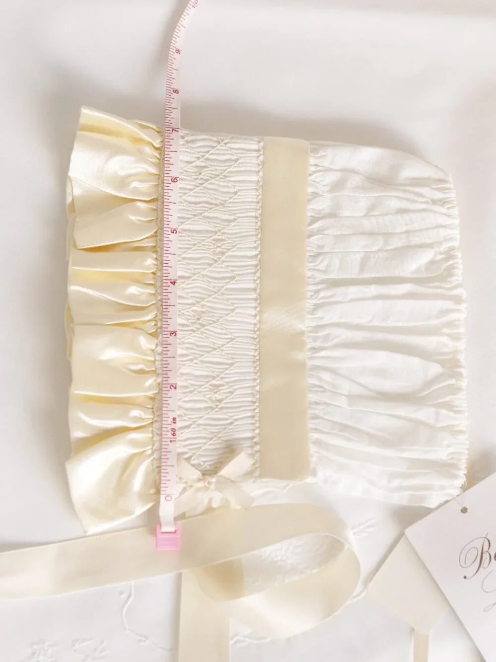 Strasburg White Smocked Bonnet w/ Ivory Satin Trim RARE FIND Special Occassion